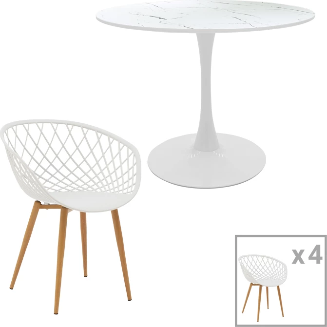 Set tavoline me karrige, ngjyrë mermeri të bardhë, D120x75cm