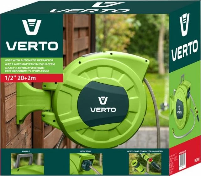 Mbështjellës automatik për zorrë kopshti Verto 15G891, 20 m + 2 m, 1/2\", i gjelbër, set me spërkatës dhe lidhësa