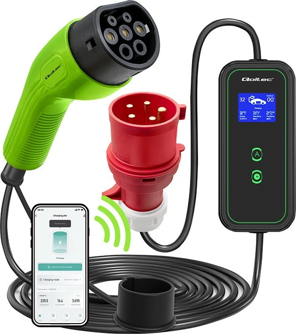 Karikues portativ për vetura elektrike Qoltec 52477, Type 2, 7kW, 5m, WiFi, i zi/gjelbër