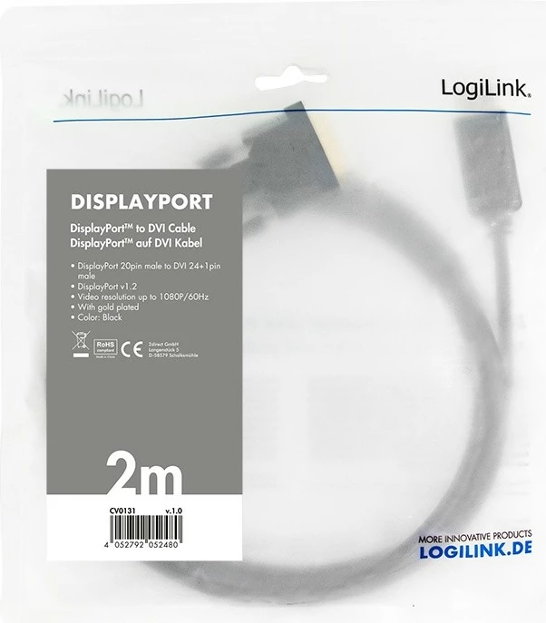 Kabllo DisplayPort në DVI LogiLink CV0131, 2m, e zezë