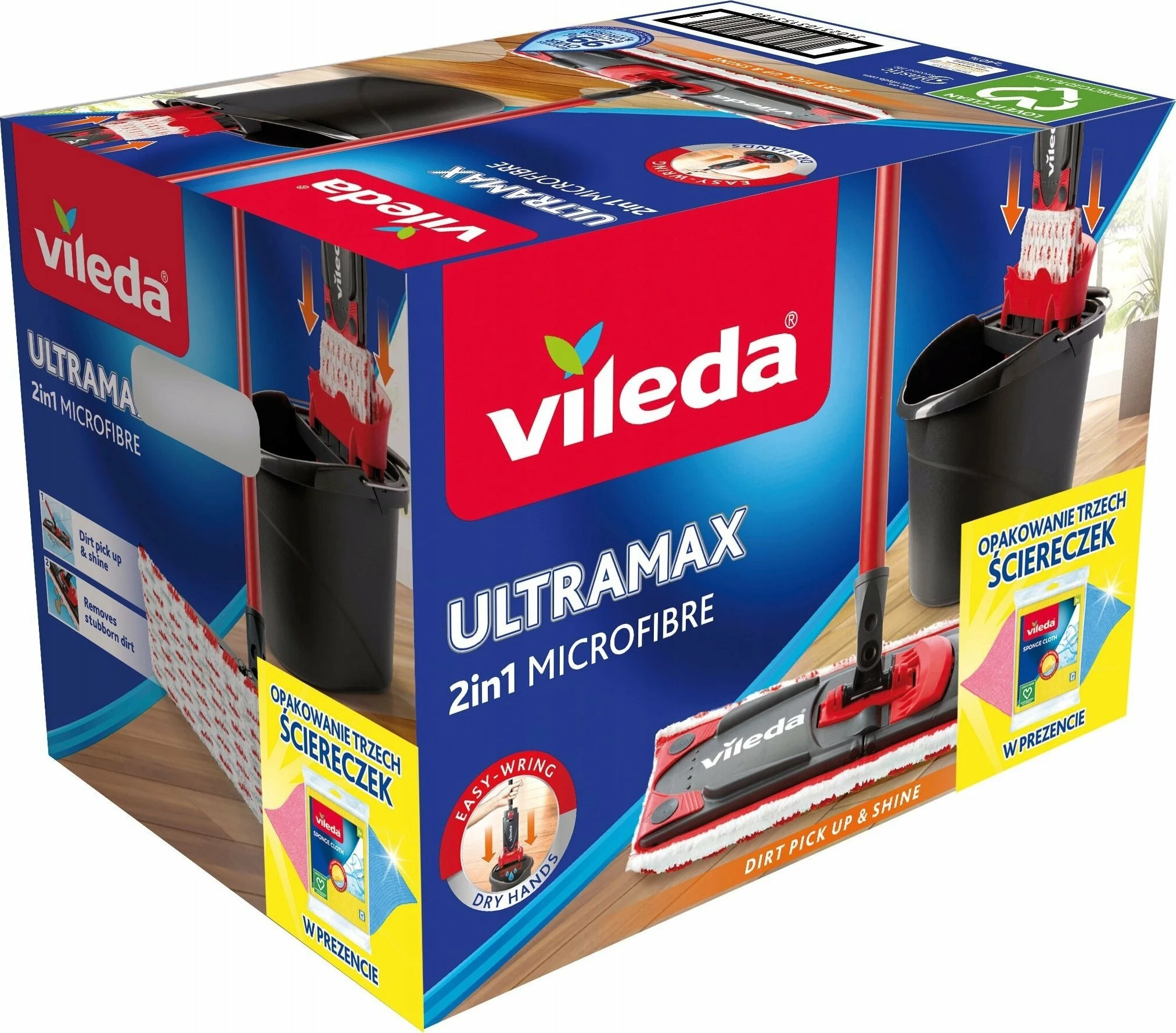 Set mop Vileda Ultramax BOX, kovë shtrydhëse 10 L, jastëk mikrofibër, kuqe, + leckë sfungjer 3 copë
