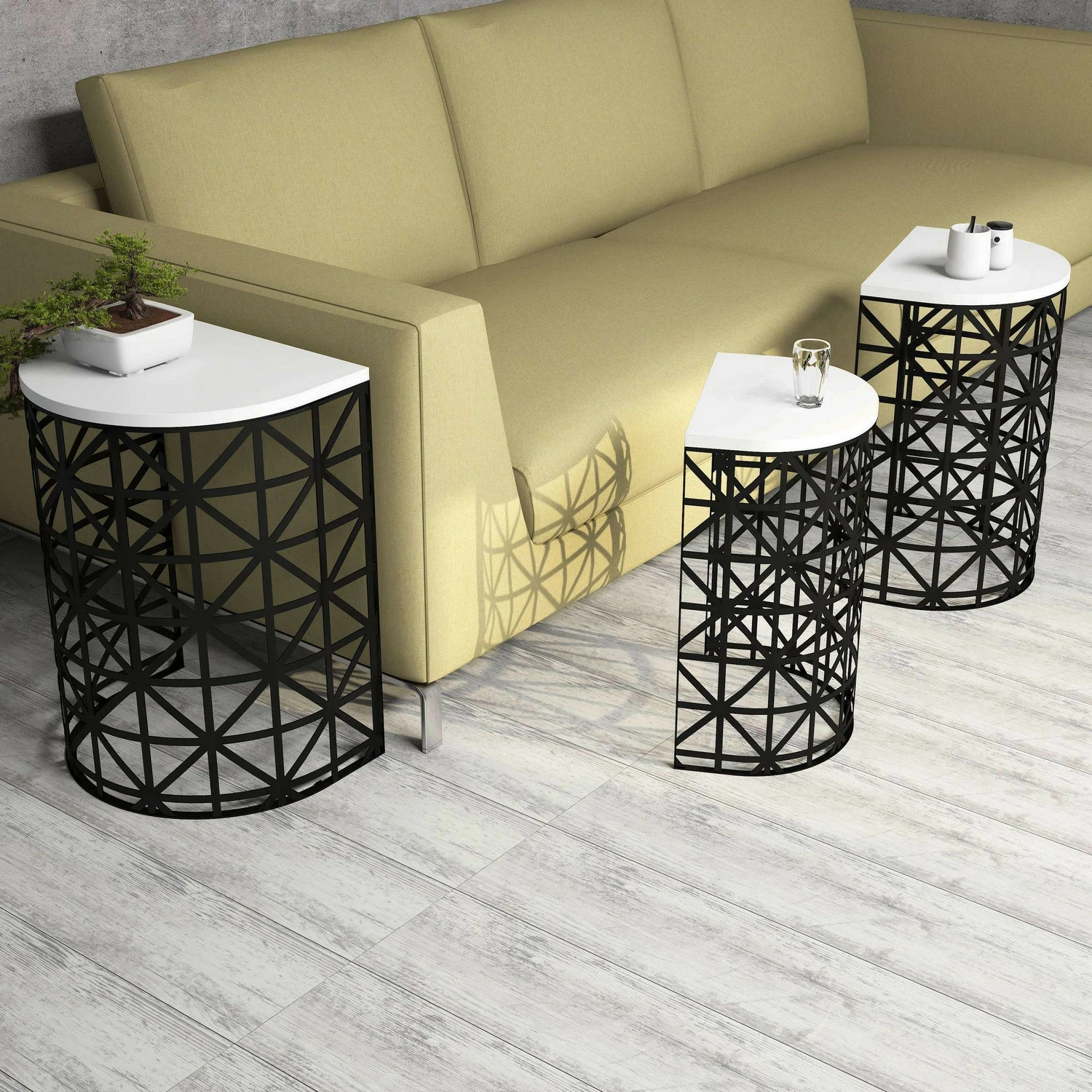 Set tavolinash ndihmëse (3 copë), Skye Decor, stil metal ferforje, e bardhë
