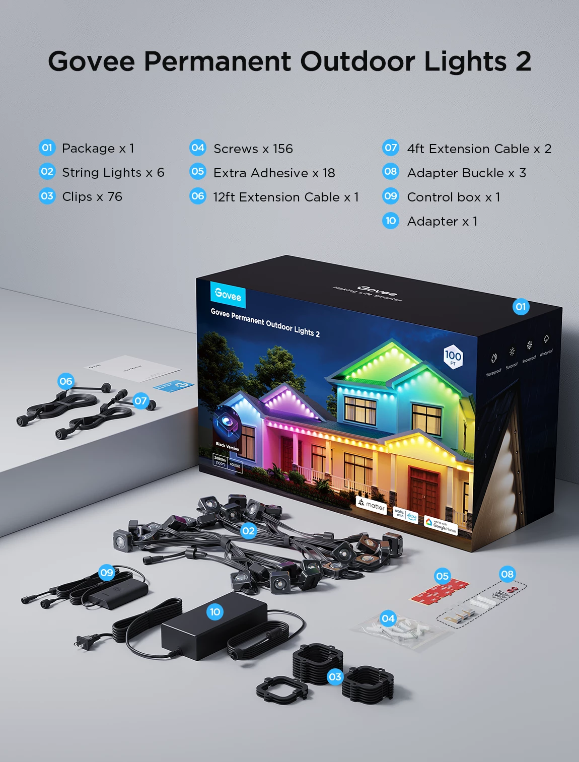 Drita LED të jashtme Govee Permanent Outdoor Lights 2 30 m RGBIC Wi‑Fi/Bluetooth IP67, shumëngjyrëshe