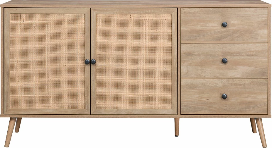 Komodë Ammos me 3 sirtarë, natyrale me ratan, 150x39x79
