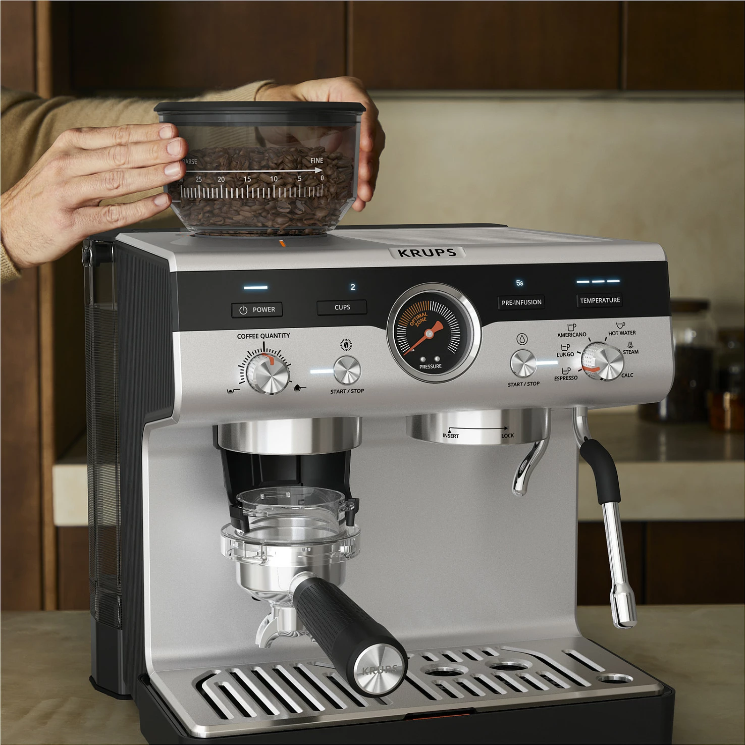Makinë espresso Krups XP801T, me mulli të integruar, 3L, inox/e zezë