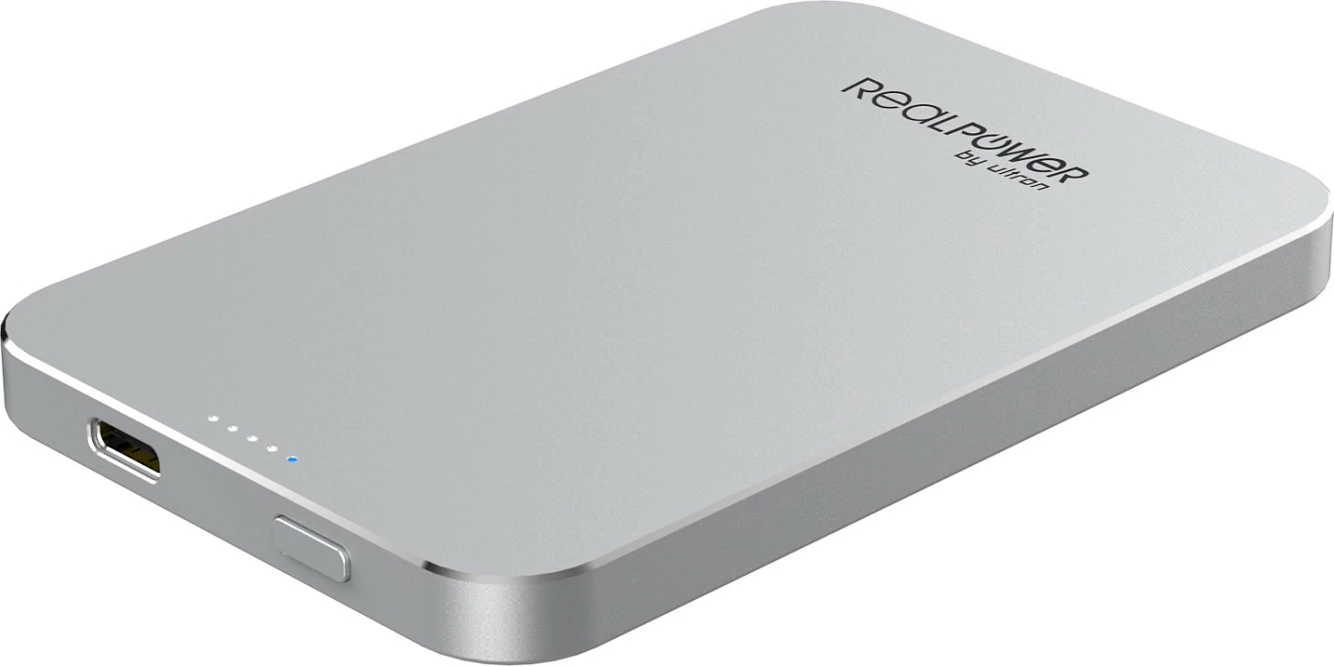 Powerbank RealPower PB-5000 Mag, 5000 mAh, karikim pa kabllo 15 W, MagSafe kompatibil, Silver