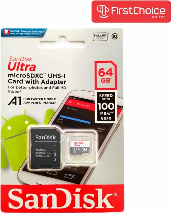 Kartelë memorje microSDXC SanDisk Ultra SDSQUNR-064G-GN3MA 64GB 100MB/s Class 10 UHS-I me adapter SD