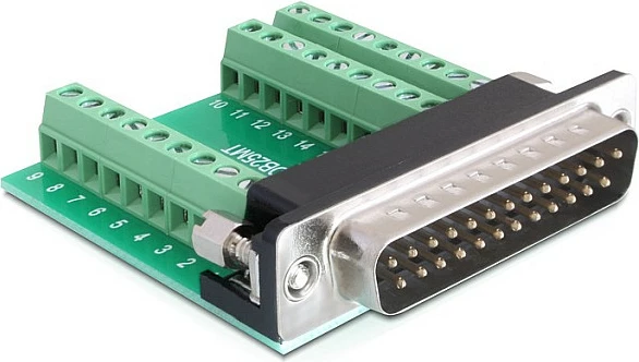Adapter terminal bllok DeLOCK D-Sub 25-pin Stecker, mashkull, klemë me vida, zi/gjelbër/argjendtë