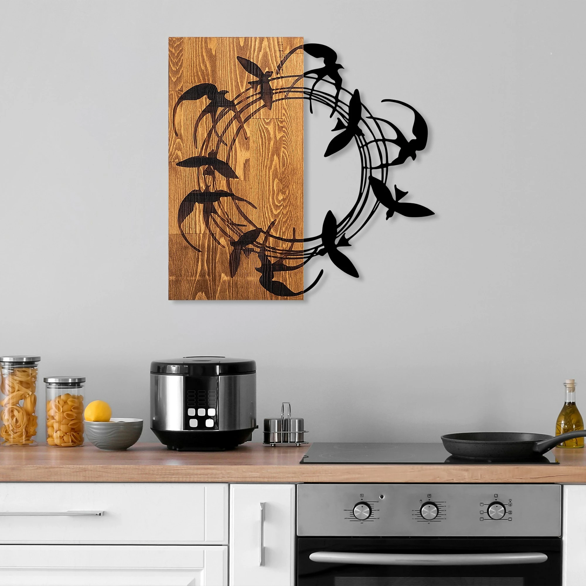 Aksesor dekorativ prej druri për mur, Spiral Birds 1, ngjyrë arre dhe e zezë, 58x58cm