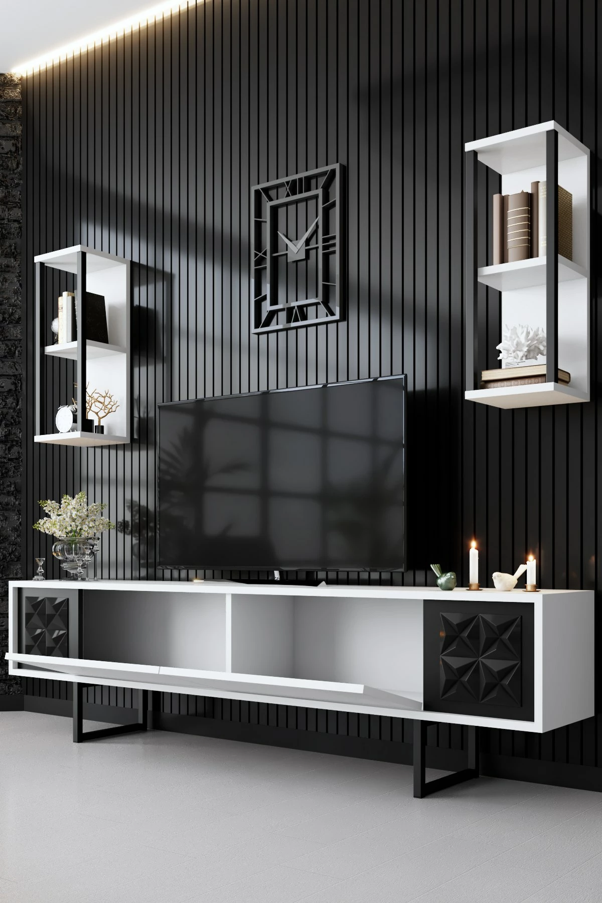 Komodë TV Skye Decor, vijë e zezë, e bardhë, e zezë