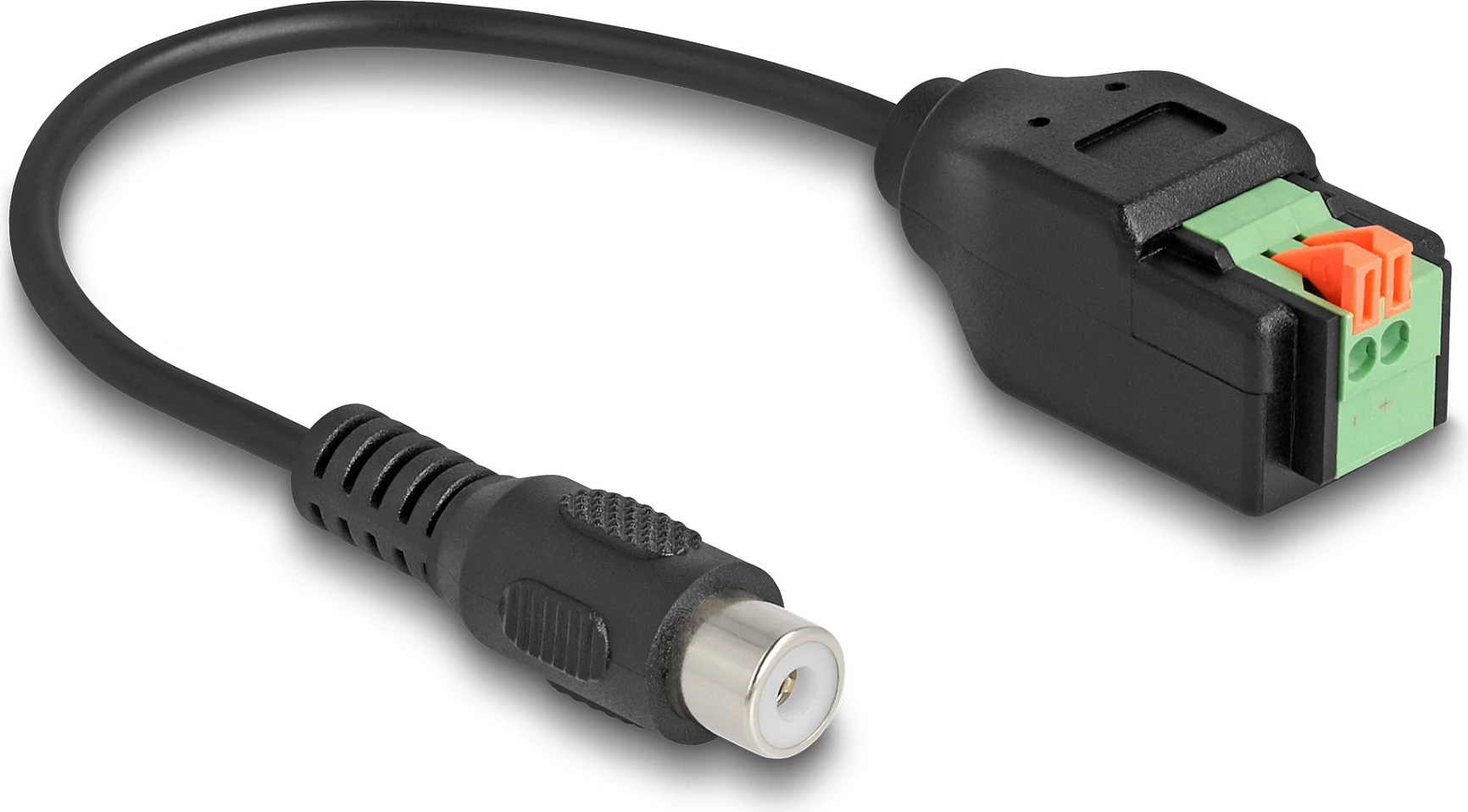 Adapter kabllo DeLOCK RCA (Cinch) femër në terminal block 2-pin me buton, 15 cm, zi/jeshil