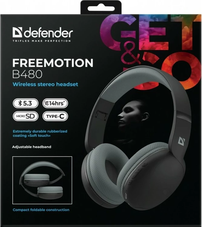 Kufje pa tela mbi vesh, Defender FreeMotion B480 (MPN 63480), Bluetooth 5.3, 14 orë bateri, me mikrofon, microSD/AUX, të zeza