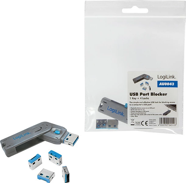 Bllokues porte USB-A LogiLink Port Blocker, 1 çelës + 4 bravë, gri/blu