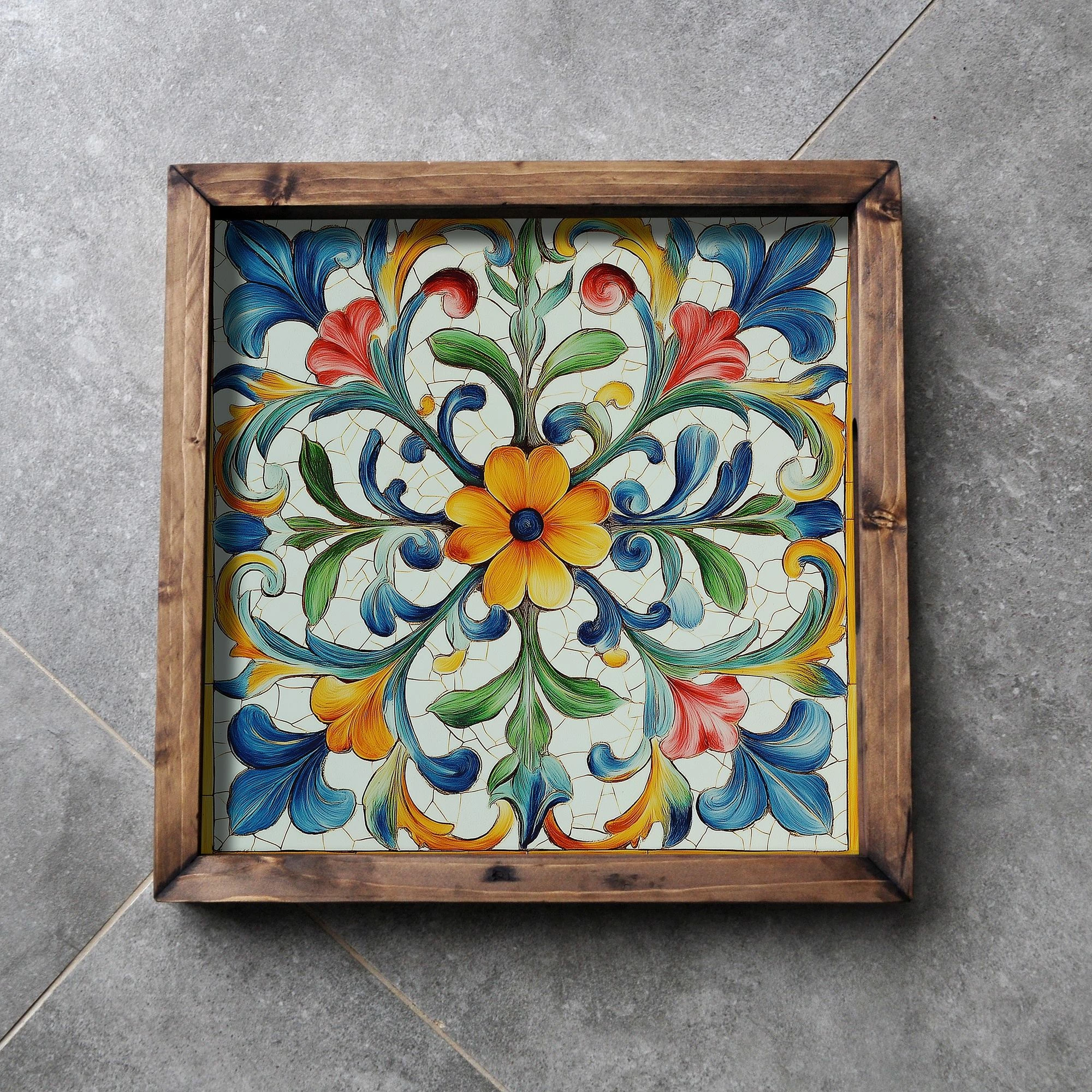 Tabaka dekorative prej druri, shumëngjyrëshe, Evila Originals, REF059, 35x35x4cm