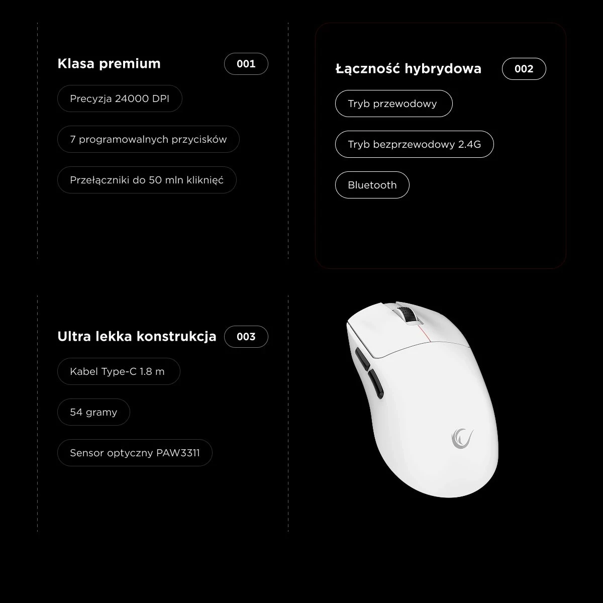 Maus Rampage Clax PAW3311, 24000 DPI, 1k Hz, Bluetooth 5.1, i bardhë