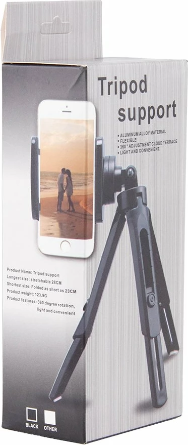 Mini tripod/selfie stick Hurtel 16-21 cm, për celular/GoPro, kllapë 55-90 mm, rrotullim 360°, i zi