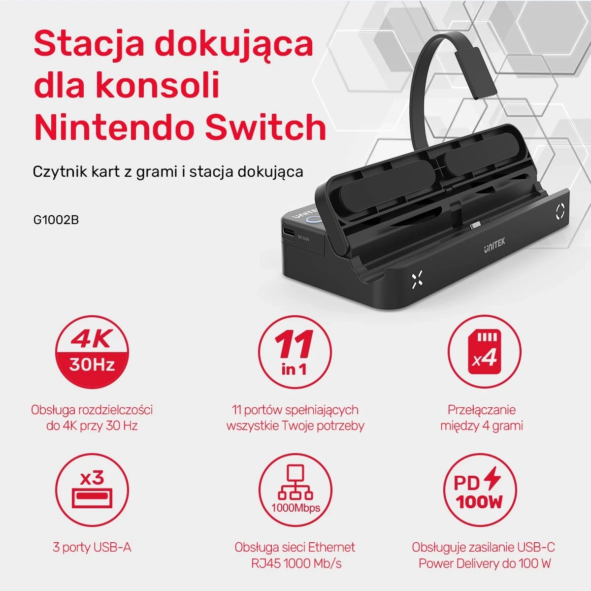 Stacioni i dokimit për Nintendo Switch Unitek, 100W 4K, i zi