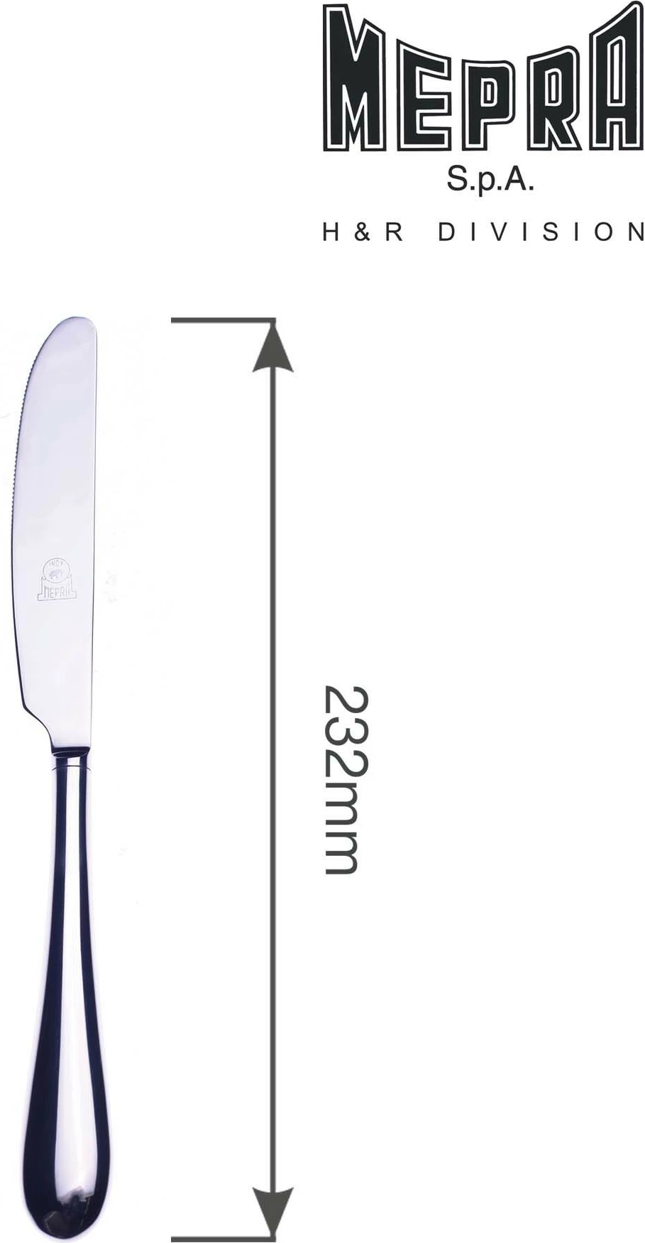 thikë tavoline, Mepra, Natura, çelik inox 18/10 4 mm, serracion i imët, dorezë e zbrazët, argjendtë