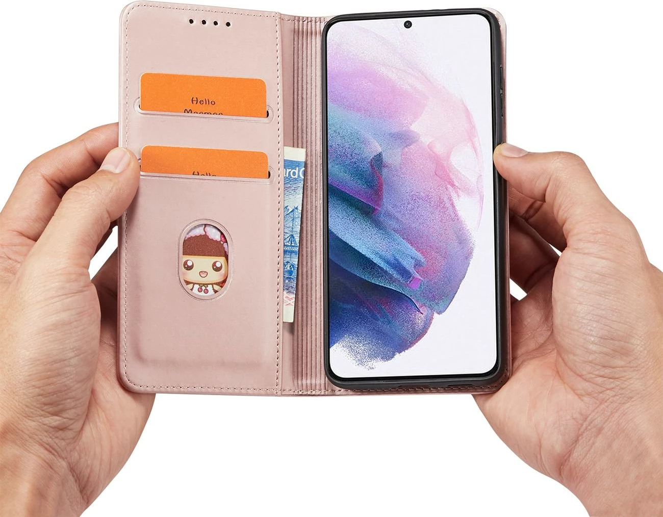 Mbështjellës Hurtel Magnet Card Case për Samsung Galaxy S22+, me kapak, xhep kartelash, rozë