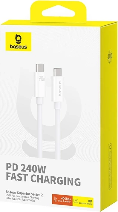Kabëll USB C në USB C Baseus Superior, 1 m, 240 W, Bardhë