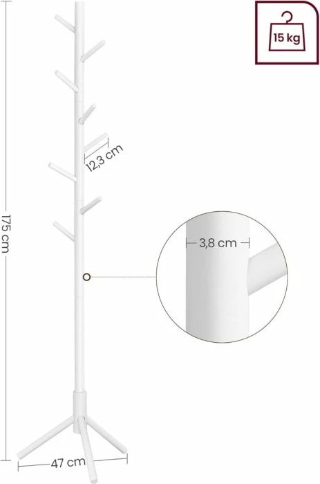 Varëse rrobash/mbajtëse palltosh SONGMICS RCR04WTV2, 47×47×175 cm, 8 grepa, lartësi e rregullueshme, 24 kg, e bardhë