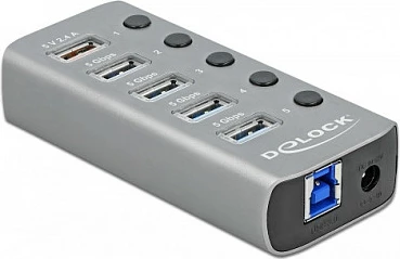 Hub USB DeLOCK, 4x USB-A 5Gbps + Fast Charge 2.4A + USB-C PD 3.0, alumin, gri