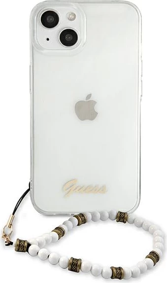 Mbështjellës Guess GUHCP13SKPSWH për iPhone 13 mini 5.4", transparent, me varëse perlë