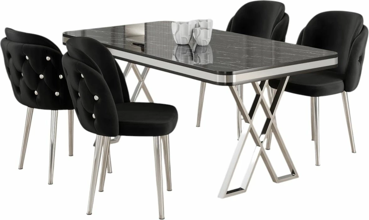 Tavolinë me karrige, 5 copë, Skye Decor Rigel, mermer i zi, krom, e zezë