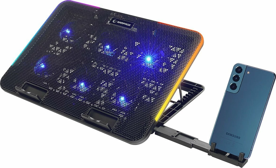 Stendë ftohëse laptopi Rampage Sixpower R9 15.6\", RGB, e rregullueshme, 2x USB 2.0, e zezë