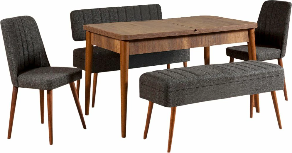 Tavolinë me karrige, set 5 pjesësh, zgjatshme, Hanah Home Vina 1053-4, antracit, arre