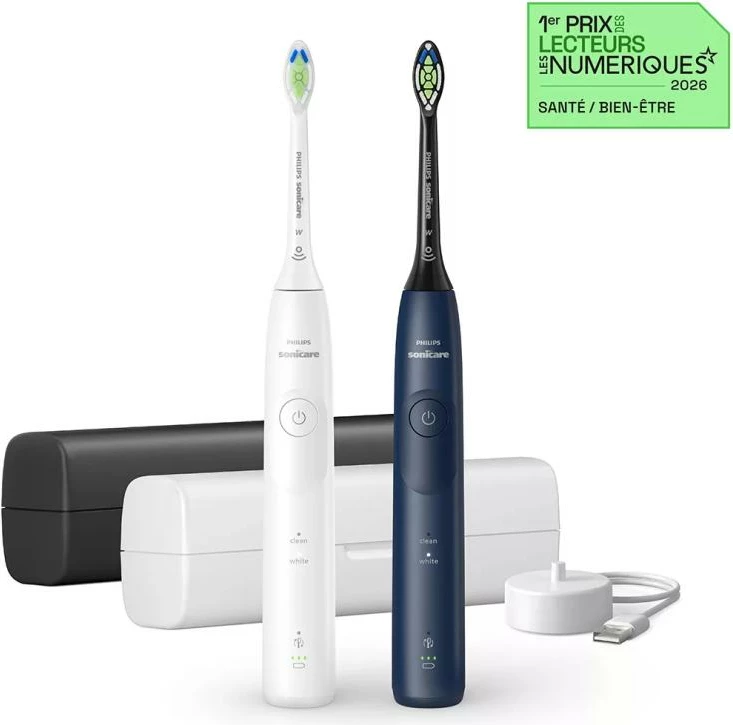 Furçë dhëmbësh elektrike Philips Sonicare 5500 HX7119/01, Duopack 2 copë, me sensor presioni, blu navy dhe e bardhë