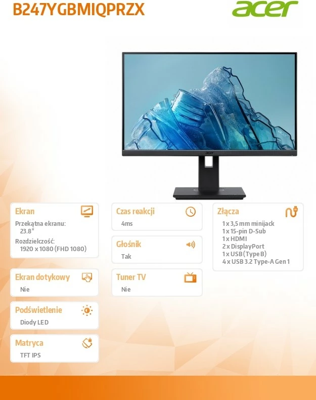 Monitor Acer B247YGBMIQPRZX 23.8\" FHD IPS 120Hz HDMI/DP/VGA, i zi