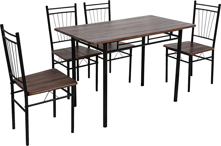 Tavolinë me karrige Roza, 5 copë, MDF ngjyrë arre, këmbë metalike të zeza, 110x60x75cm