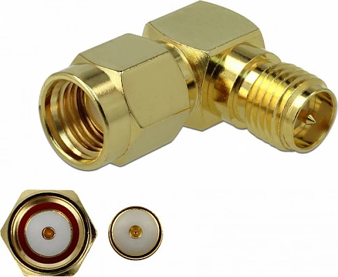 Adapter RF DeLOCK 89968, RP-SMA femër në RP-SMA femër, 90°, i artë