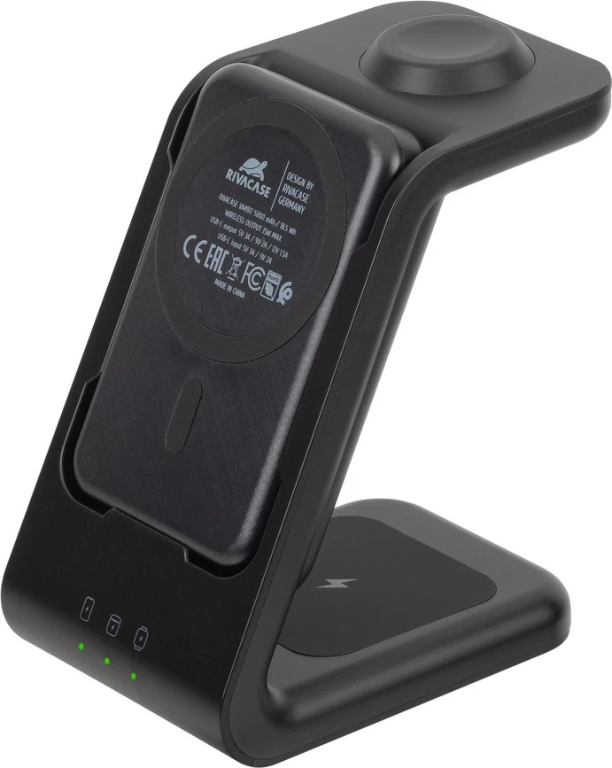 Stacion karikimi wireless 3-në-1 MagSafe RIVACASE VA4917, 15W, bateri magnetike 5000mAh, adapter 20W, i zi