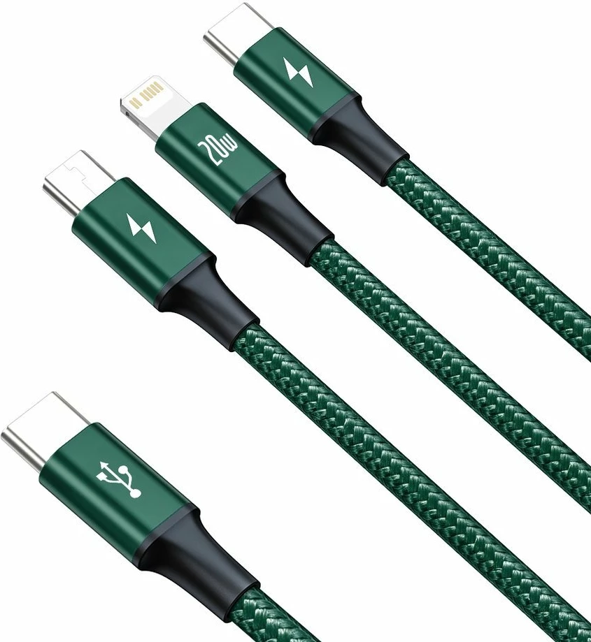 Kabllo 3-në-1 Baseus Rapid Series CAMLT-SC06, 1.5m, 20W, USB-C/Lightning/micro USB, e gjelbër