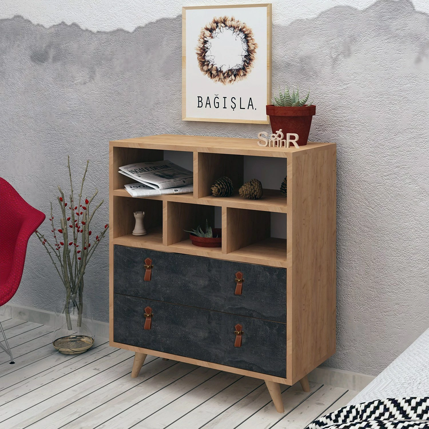 Komodë Hanah Home, Marco, ngjyrë lis dhe gri e errët