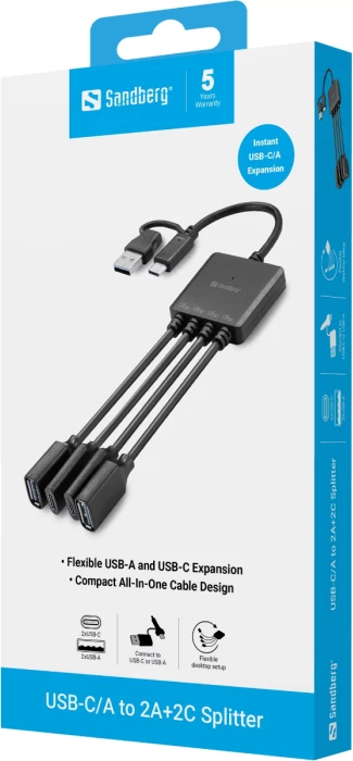 Splitter USB Sandberg 136-81, USB-C/USB-A në 2x USB-A + 2x USB-C, 13 cm, e zezë