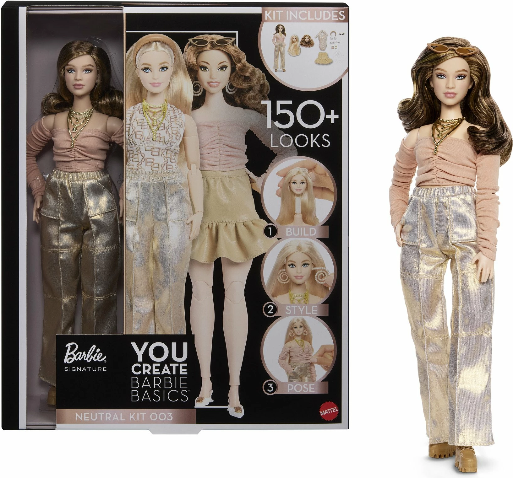 Kukull Barbie Mattel You Create Barbie Basics Neutral Set 003 JJX37 me 2 koka ndërruese, 4 veshje, 2 palë këpucë, 6 aksesorë, Made to Move, ngjyra neutrale