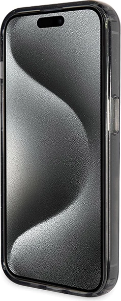 Mbështjellës Guess Ring Stand Script Glitter MagSafe për iPhone 13 Pro / 13, i zi