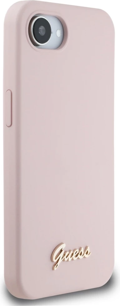 Mbështjellës Guess Silicone Script Metal Logo MagSafe për iPhone 16e, Rozë