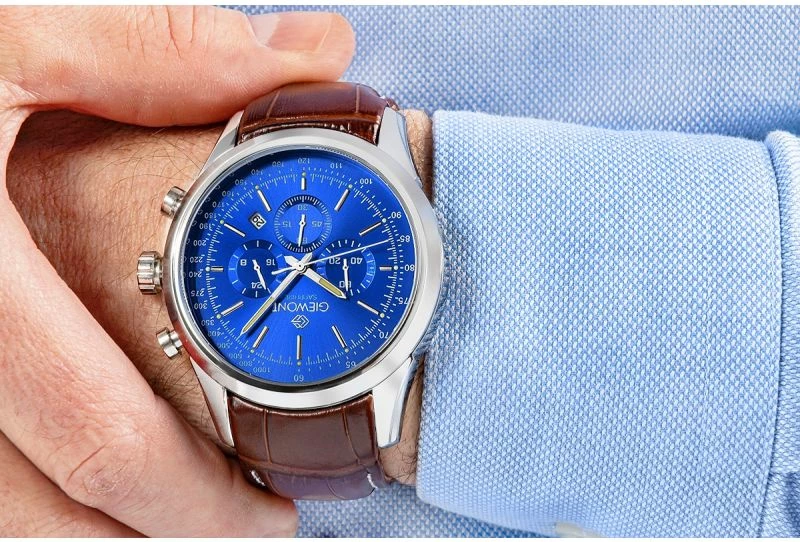 Orë dore kronograf për meshkuj Giewont GW7650-A5, e kaltër/argjendtë, rrip lëkure kafe