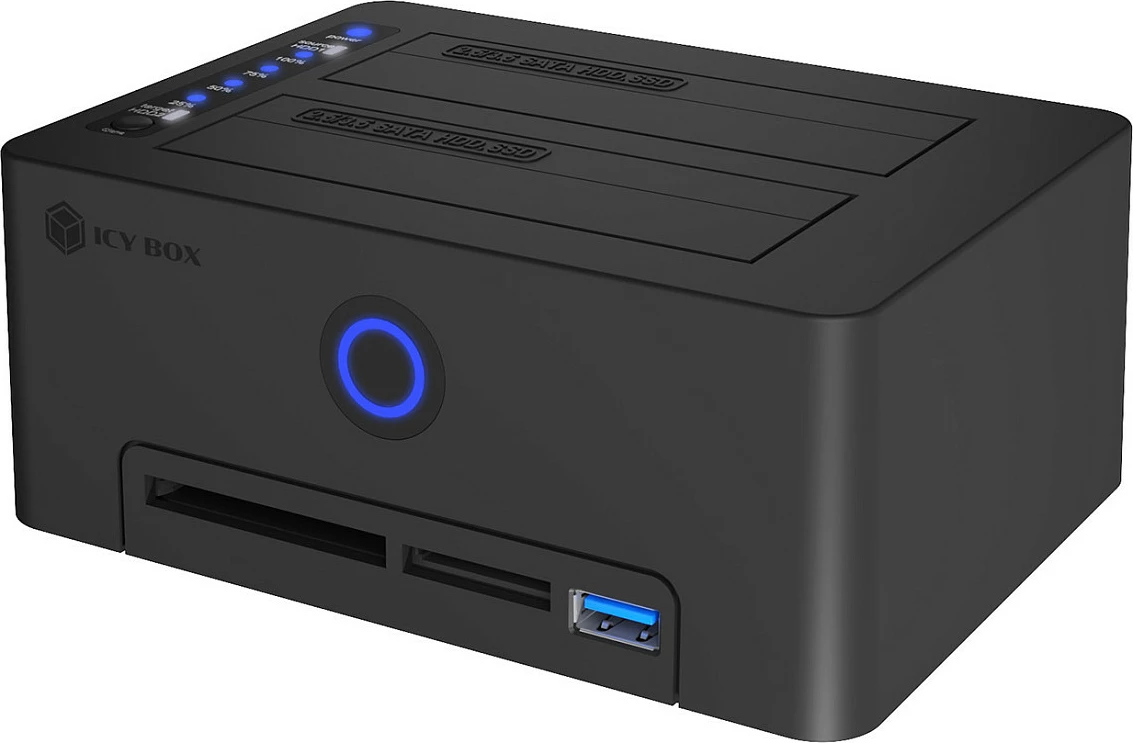 Docking stacion ICY BOX IB-1233CL-CR, USB 3.2 Gen1, për 2x HDD/SSD 2.5/3.5", me lexues kartelash, i zi