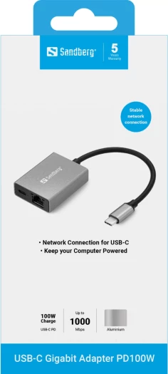Adapter rrjeti USB-C në Gigabit Ethernet Sandberg 136-60, PD 100W, RJ45 10/100/1000 Mbps, argjendtë