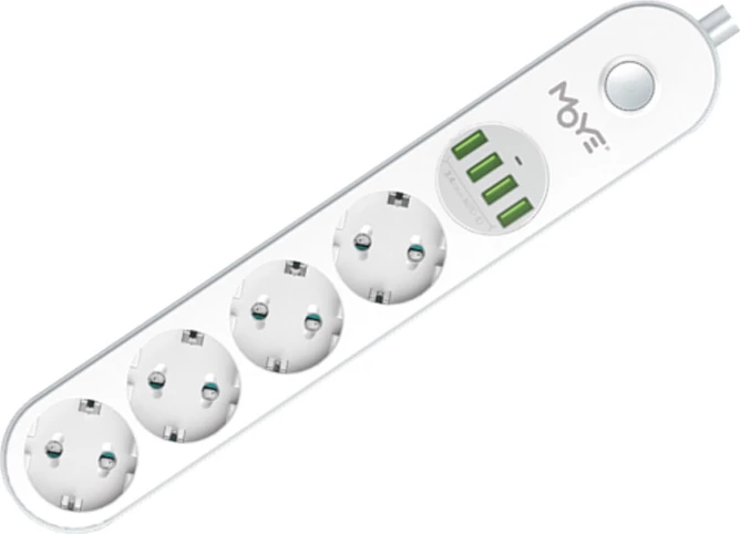 Zgjatues rryme Moye Voltaic 16A/4000W, 4 USB, 4 priza Schuko, kabllo 2 m, i bardhë