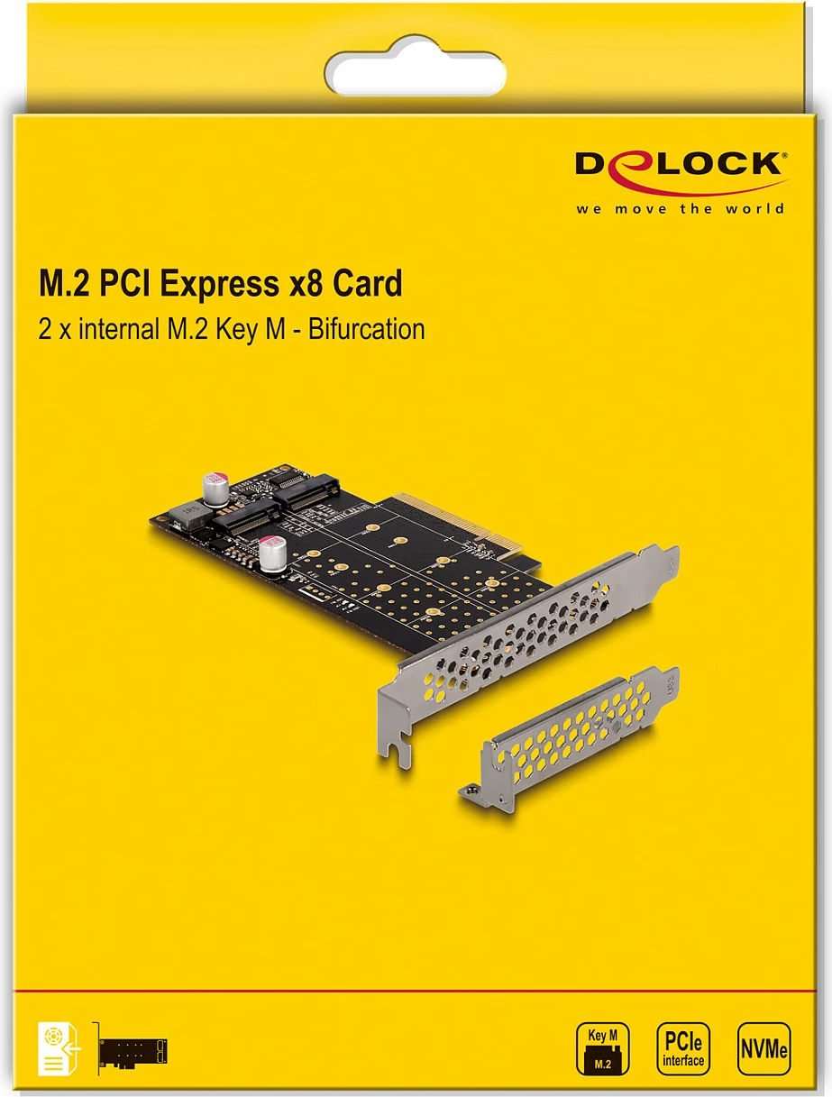Kartë zgjerimi PCIe DeLOCK, x8, 2x M.2 NVMe Key M, Low Profile, PCIe 4.0, e zezë