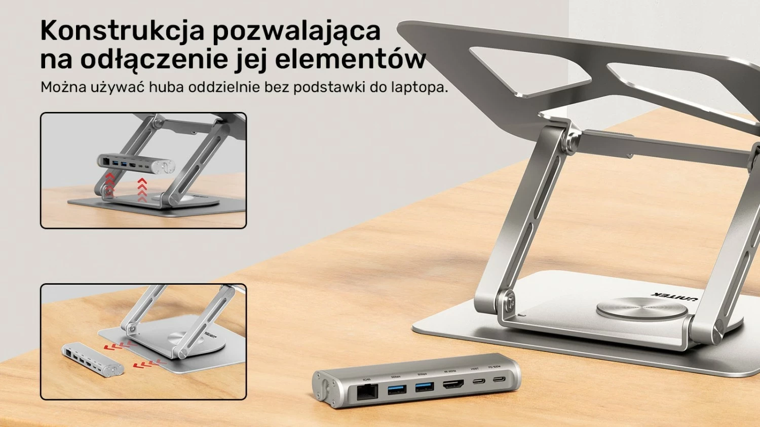 Podstavek për laptop Unitek USB-C HDMI 4K PD 100W, ngjyrë argjendi
