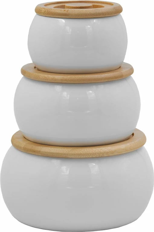 Set kavanozash për ruajtje, 3 copë, porcelan i bardhë, kapak bambuje, 16x16x23