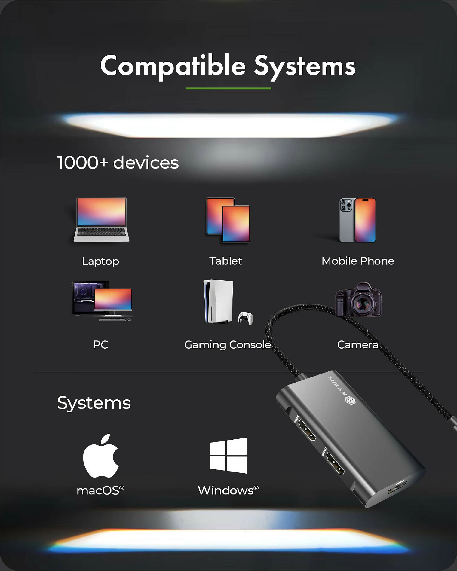 Adapter ICY BOX USB-C në 3x HDMI, USB 3.2 Gen 2 10Gbps, 8K/144Hz, i zi