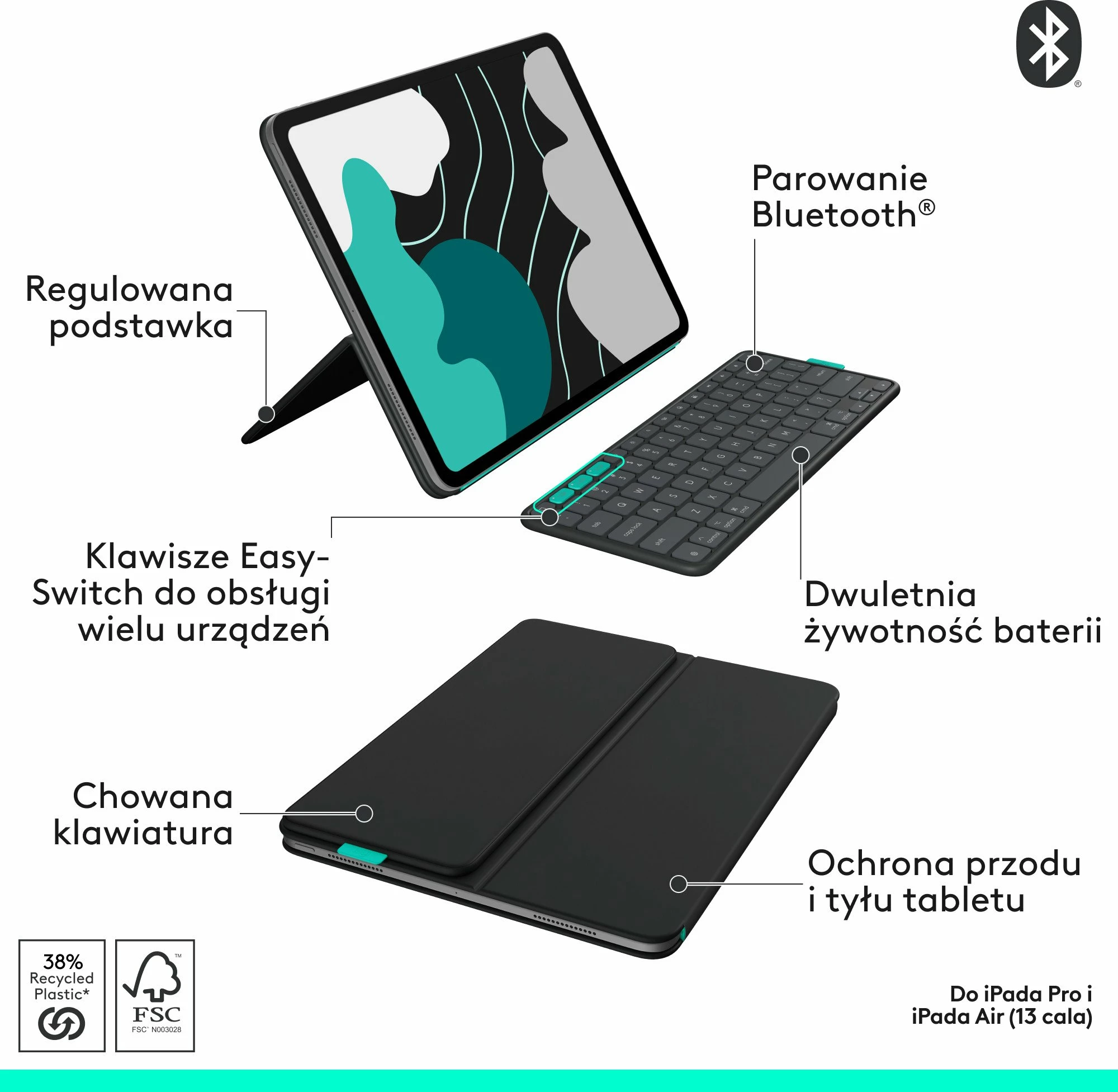 Mbështjellës me tastierë Logitech Flip Folio për iPad Pro & iPad Air 13\" (920-013388), graphite